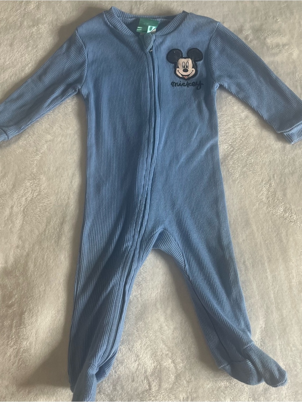 Disney Light Blue Ribbed Mickey Mouse Footed One-Piece Pajamas Sz 3~6M